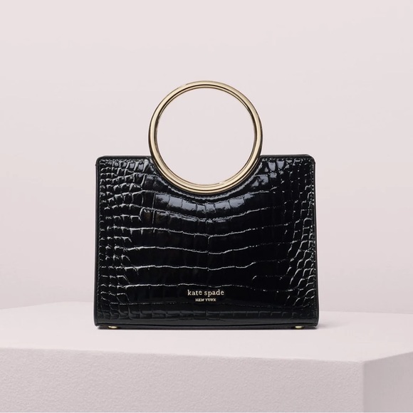Kate Spade Croc Embossed Bracelet Black Mini Satchel Bag - Picture 3 of 6
